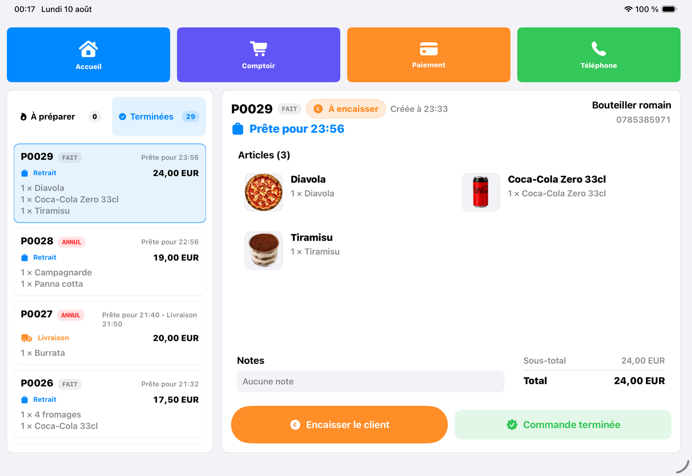 Caisse PizzDrop – prise de commande au comptoir